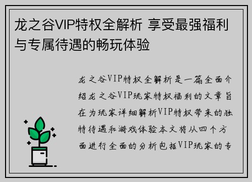 龙之谷VIP特权全解析 享受最强福利与专属待遇的畅玩体验